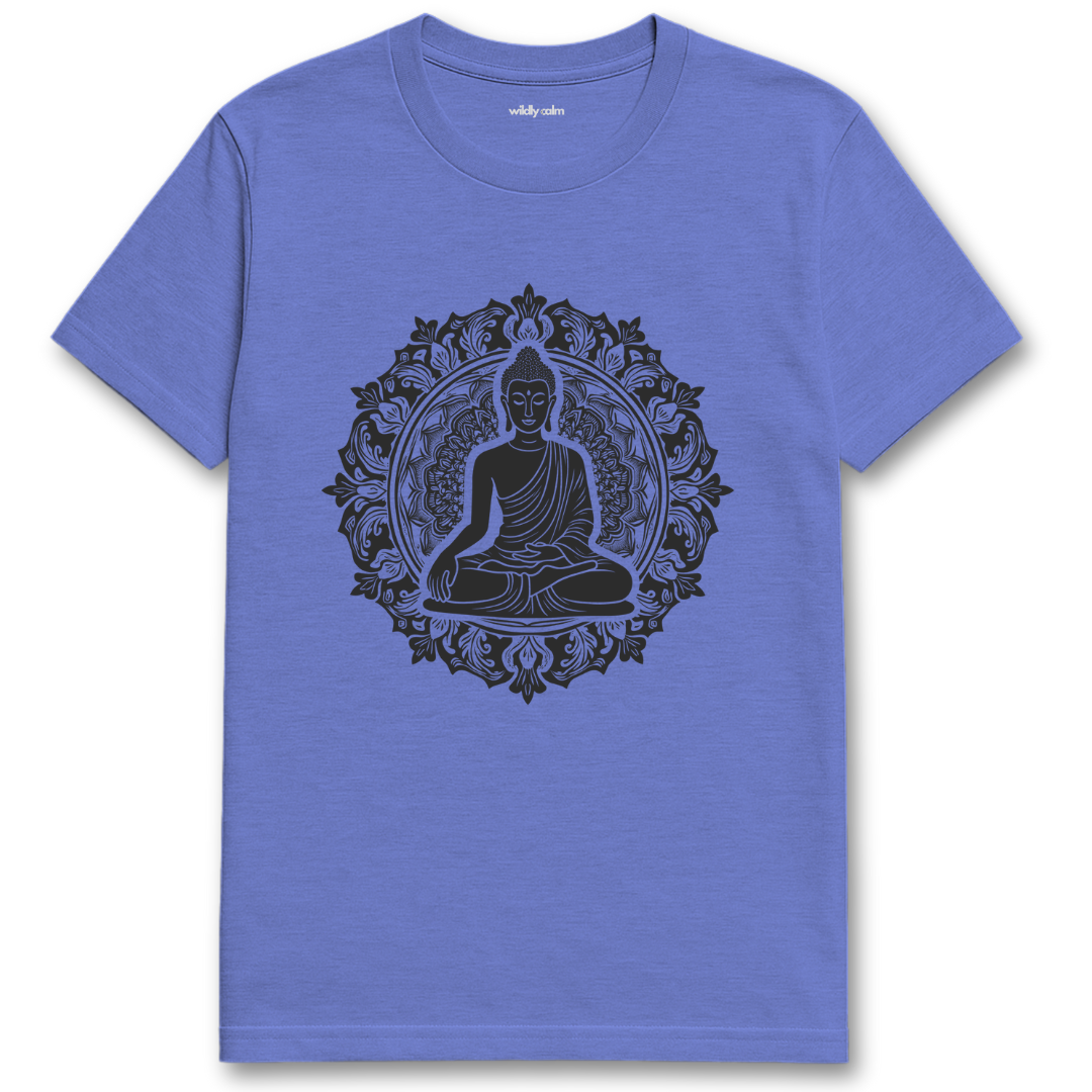 Zen Mandala_Heather royal blue t-shirt with Buddha graphic on a white background for yoga - wildly calm