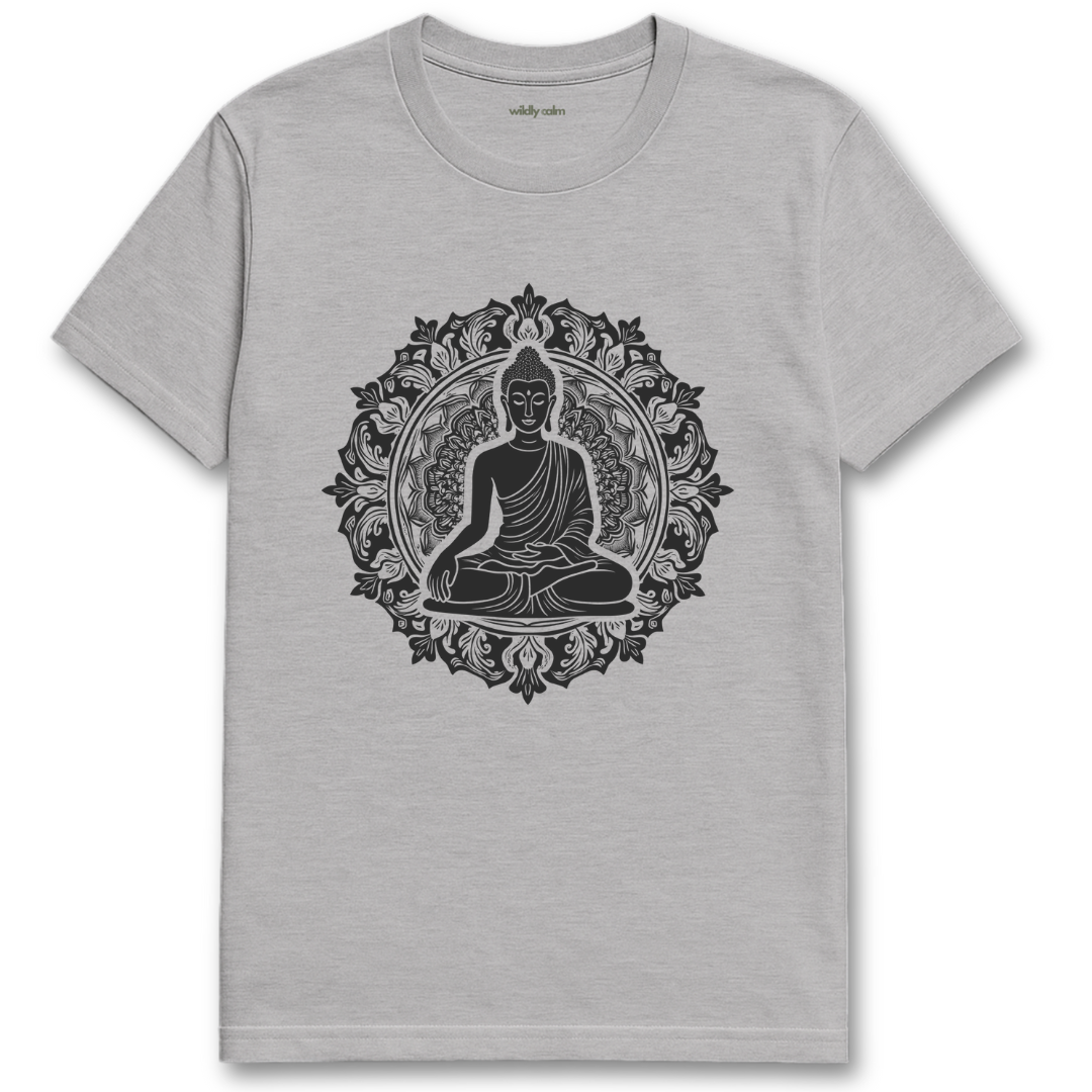 Zen Mandala_sports grey t-shirt with Buddha graphic on a white background for yoga - wildly calm
