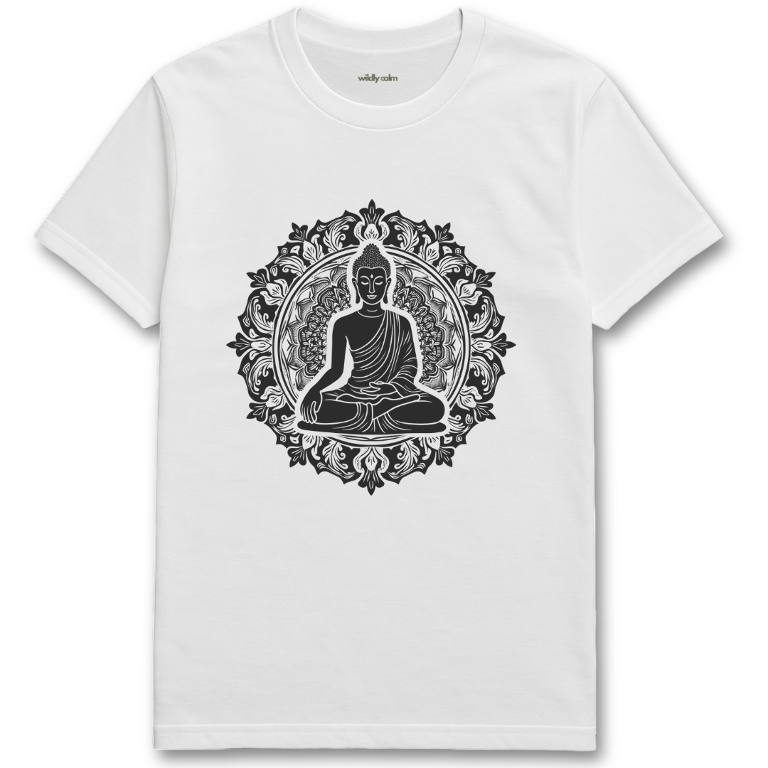 Zen Mandala_white t-shirt with Buddha graphic on a white background for yoga - wildly calm