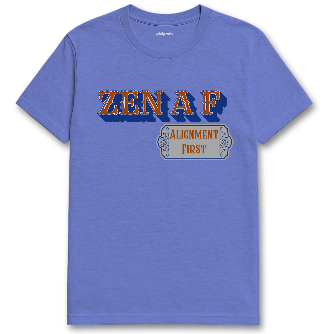 Heather Royal Blue yoga t-shirt with 'ZEN A F Alignment First' text design - WildlyCam
