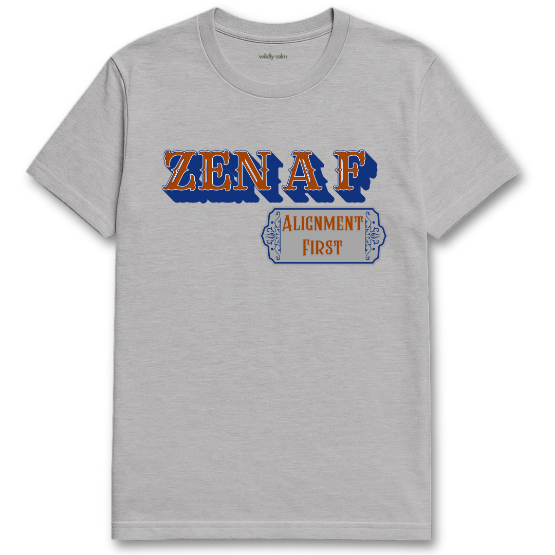 Sports Gray yoga t-shirt with 'ZEN A F Alignment First' text design - WildlyCam