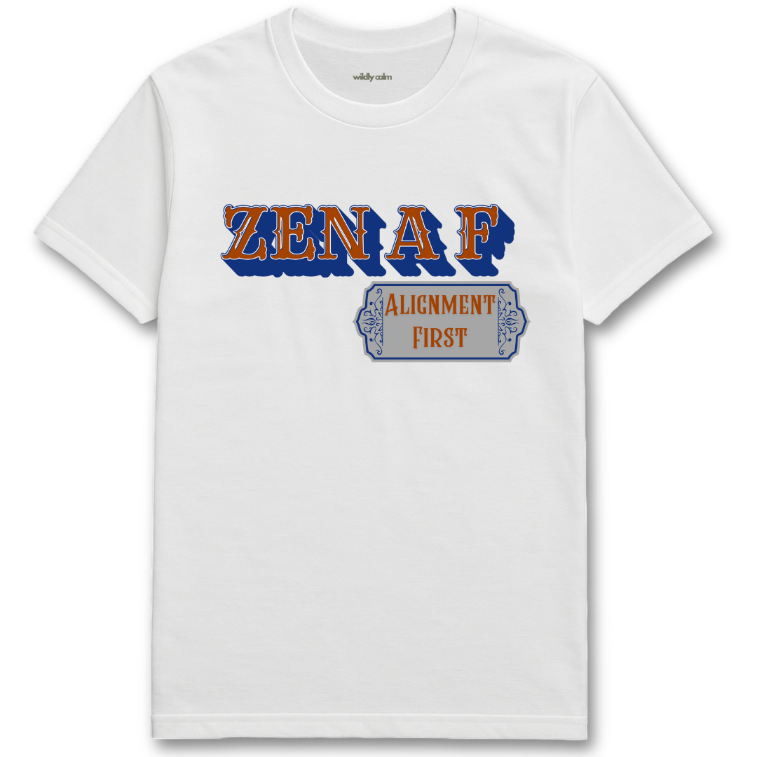 White yoga t-shirt with 'ZEN A F Alignment First' text design - WildlyCam