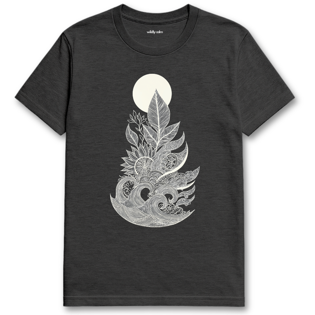 Ocean of Petals_Heather_Dark_Grey t-shirt with black floral and leaf design - wildly calm
