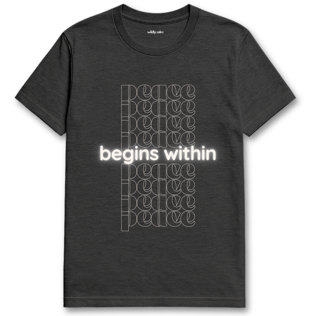 Peace Begins within Heather Dark grey yoga t-shirt with 'peace begins within' text design on a white background - Wildly Calm