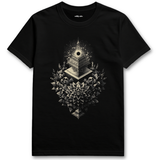 Black t-shirt with a geometric and floral design on a white background for Yoga