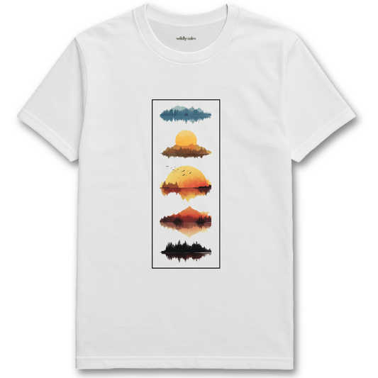 Sunrise-Nature White yoga t-shirt with a graphic design of sunrise landscape - wildly calm