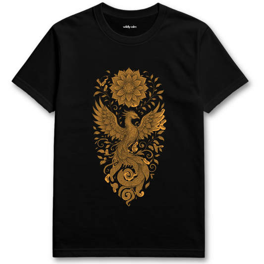 Black Phoenix-Mandala-Spiral Fusion t-shirt with gold phoenix and floral design for Yoga - -Wildly Calm