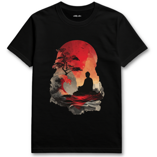 Buddha Nature Black t-shirt with a meditating figure and sunset design on a white background for yoga