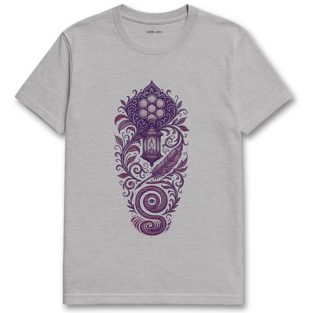 Sports Gray Lantern and Waves in Ink t-shirt with purple intricate design -Wildly Calm