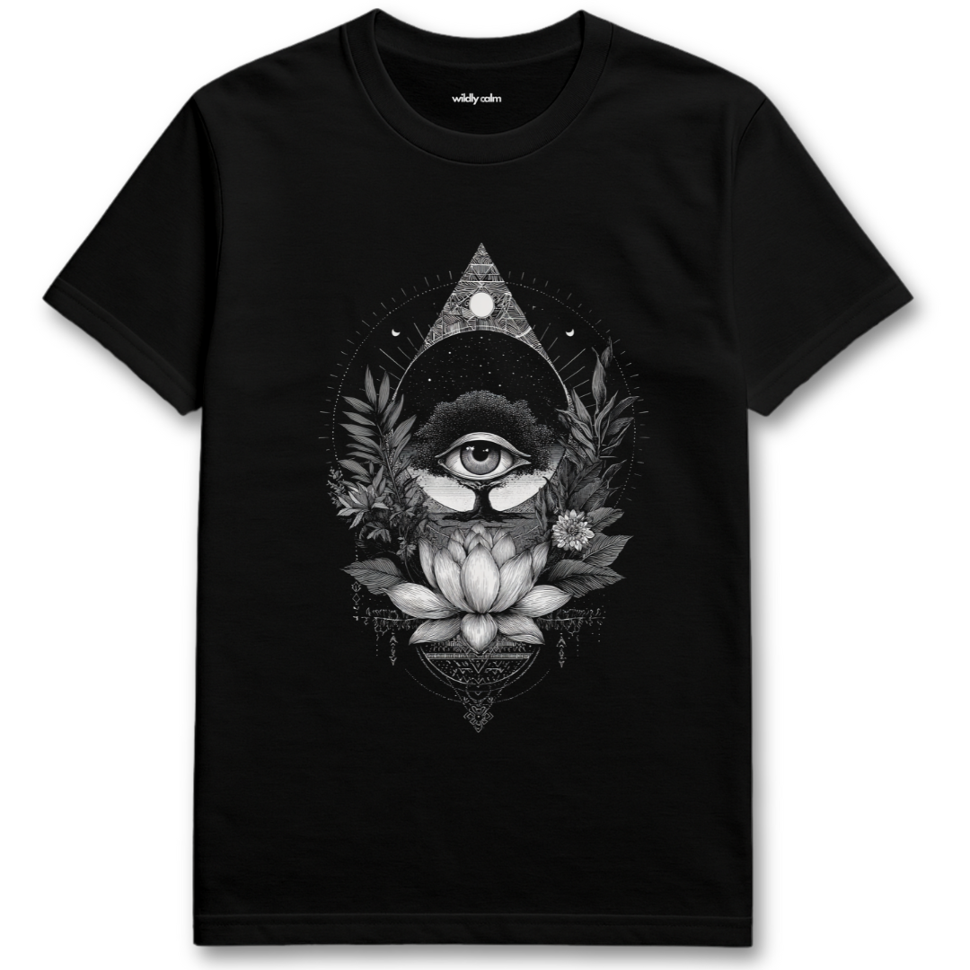 Lotus Awakening_Black t-shirt with a central eye design and floral elements for Yoga - 
wildly calm