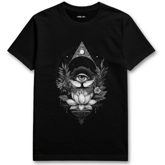 Lotus Awakening_Black t-shirt with a central eye design and floral elements for Yoga - 
wildly calm