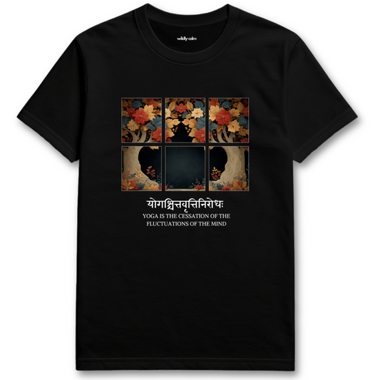 Yoga-Calm Mind Black t-shirt with artistic design and text - wildly calm