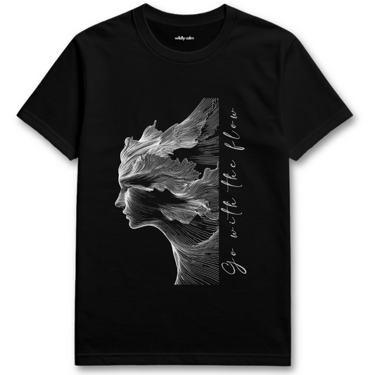 Go with the Flow Black yoga t-shirt with a graphic design and text -wildly calm