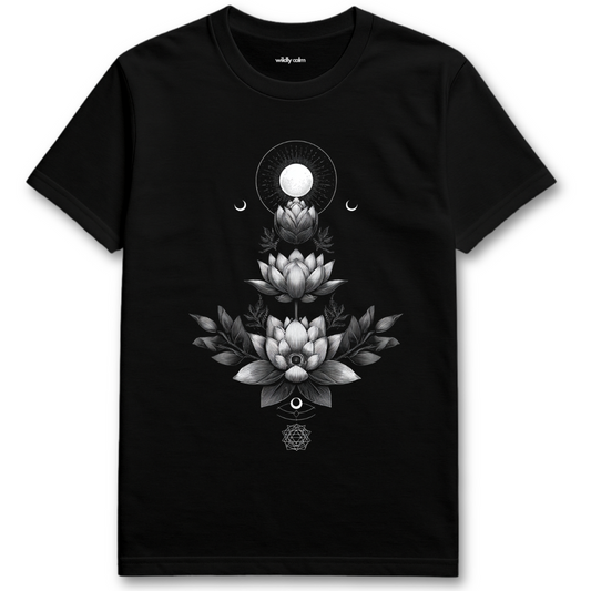 Awakened Petals Lotus Black t-shirt with black and white floral design on a white background - Wildly calm