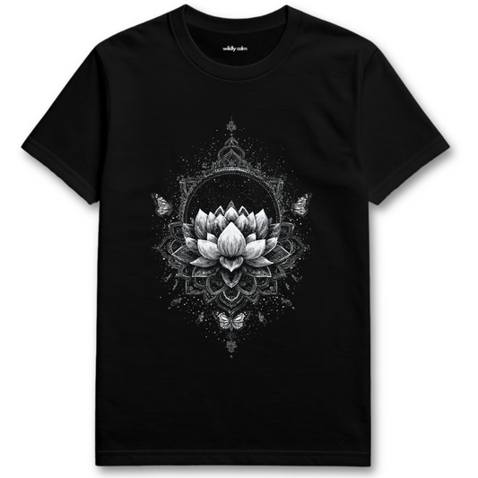 Lotus Reverie_Black t-shirt with a white lotus flower design for Yoga - wildly calm