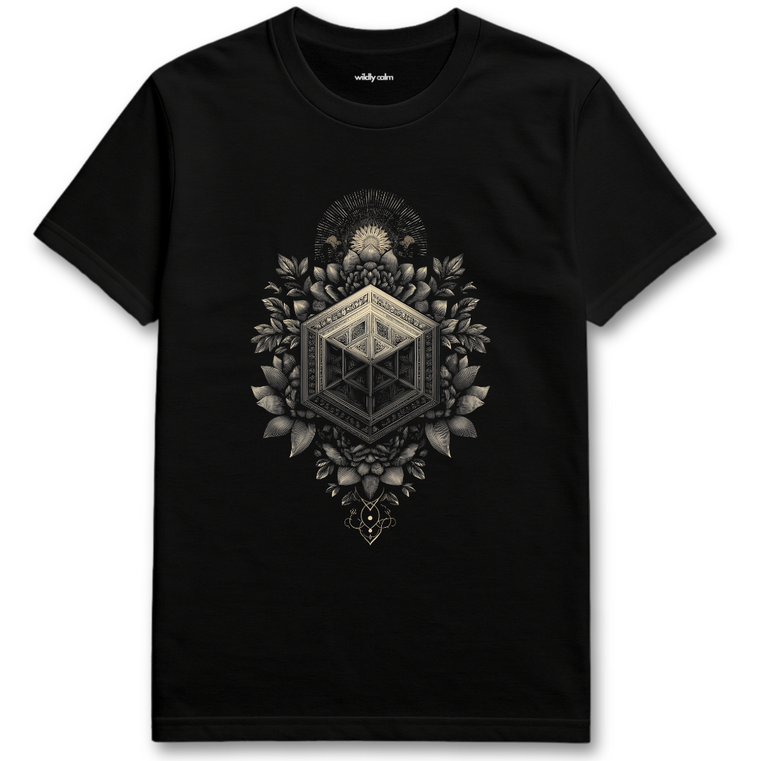 Black t-shirt with geometric floral design on a white background - Wildly Calm
