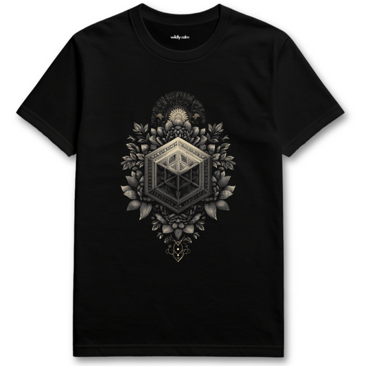 Black t-shirt with geometric floral design on a white background - Wildly Calm