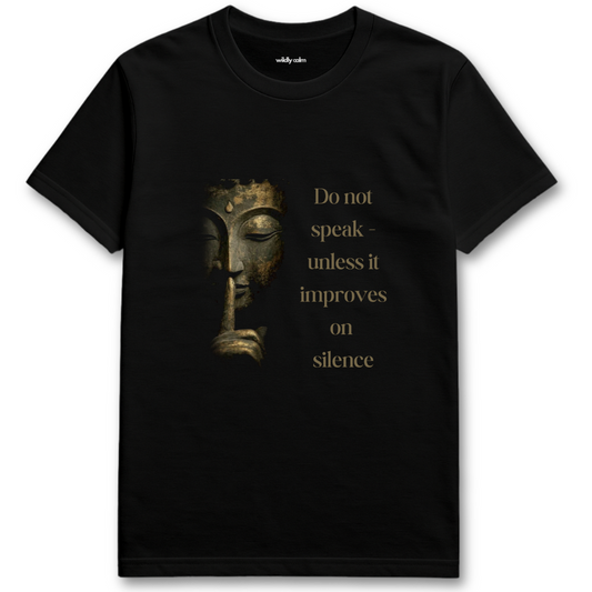 Buddha Silence Black t-shirt with Buddha graphic and inspirational quote on a white background for yoga