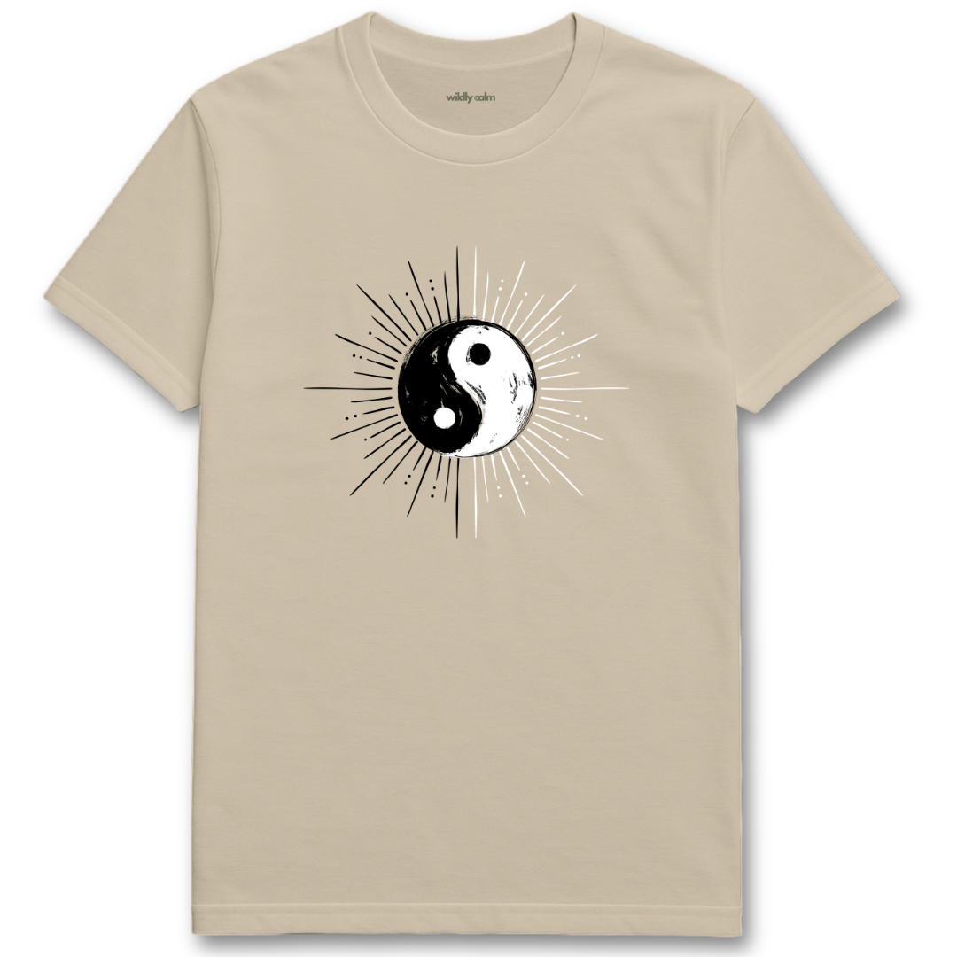 yin yang rays sand/ Beige t-shirt with a yin yang symbol design on a white background for yoga- wildly calm