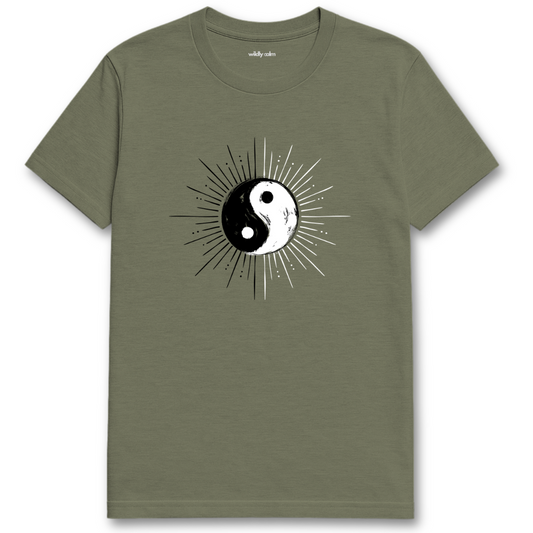 yin yang rays heather military green t-shirt with a yin yang symbol design on a white background for yoga- wildly calm