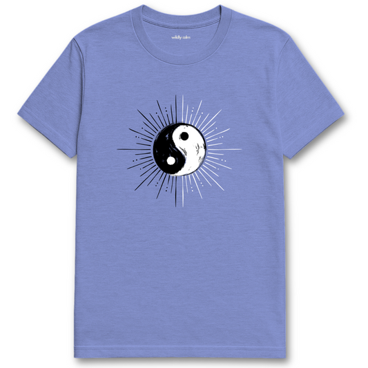 yin yang rays Royal Blue t-shirt with a yin yang symbol design on a white background for yoga- wildly calm