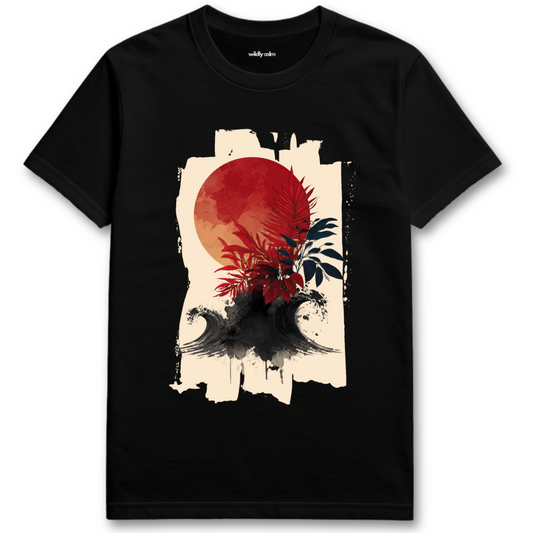 Wild Harmony Black t-shirt with a red circular design and black text - wildly calm