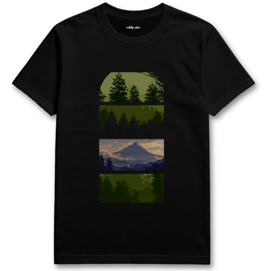 Nature Moment Black yoga t-shirt with nature-themed graphic of trees and mountains - wildly calm