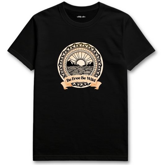 Be Free BeWild Black yoga t-shirt with a graphic design and text 'Be Free Be Wild' - wildly calm