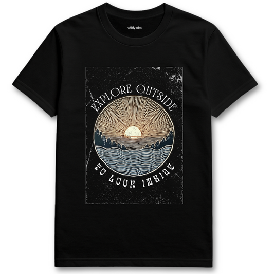 Explore outside Black yoga t-shirt with nature graphic and text 'Explore Outside to Look Inside' - wildly calm