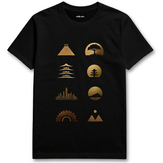 Minniature Earth Elements Black yoga t-shirt with gold graphic designs - wildly calm