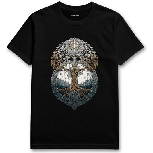 Tranquil Growth Black yoga t-shirt with a tree design - willdy calm