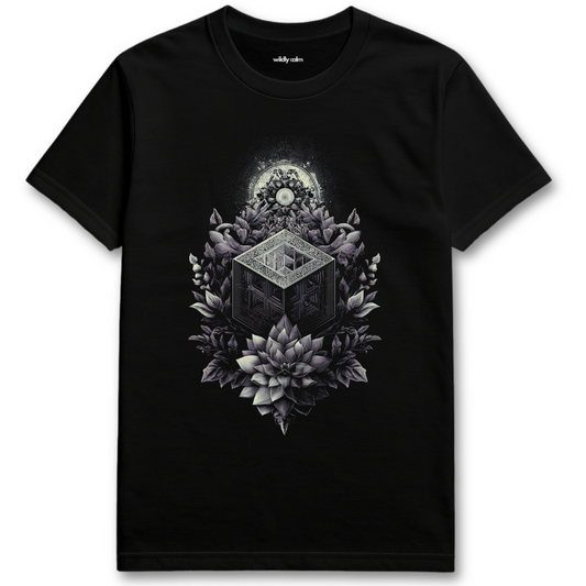 Black Sacred Geometry in Bloom t-shirt with a geometric design and floral elements on a white background for yoga - Wildly Calm