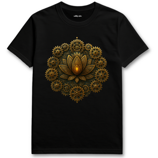 Lotus Gear Mandala Black yoga t-shirt with a gold lotus flower and gears design - wildly calm