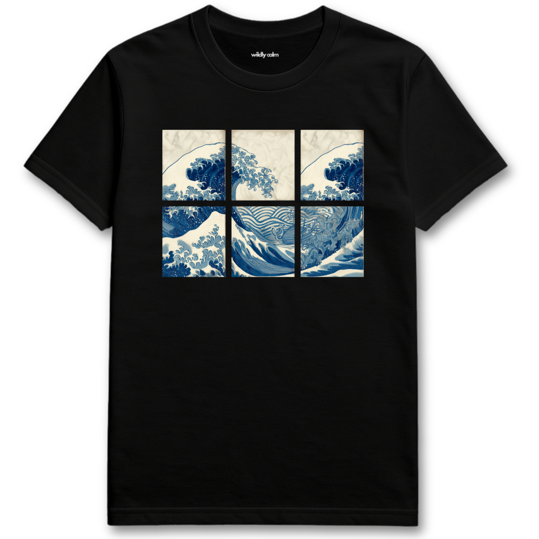 SerenityFlow Black yoga t-shirt with a graphic of four panels of a wave design- wildly calm