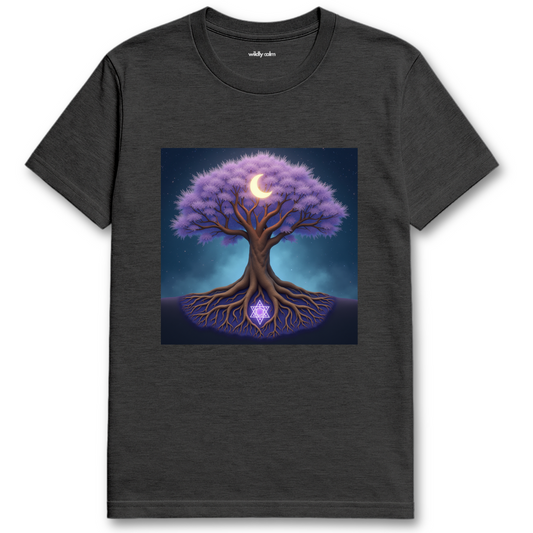 Lunar Whispers_Dark Heather Grey t-shirt with a purple tree design featuring a moon and star - wildly calm