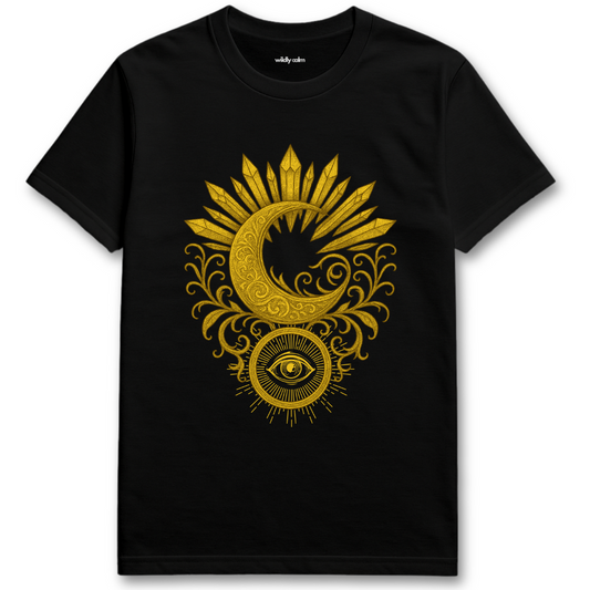 Black Crystal-Celestial-Glyph Array t-shirt with gold moon and eye design Wildly calm
