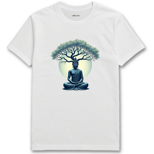 Tranquill Buddha White t-shirt with a Buddha and tree design on a white background wildly calm