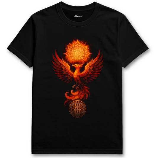 Black t-shirt with a fiery phoenix design on a white background- Wildly Calm