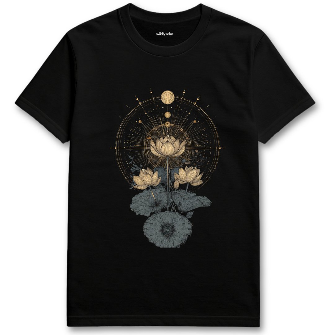 Black Pure Lotus Essence t-shirt with floral design for Yoga - Wildly Calm