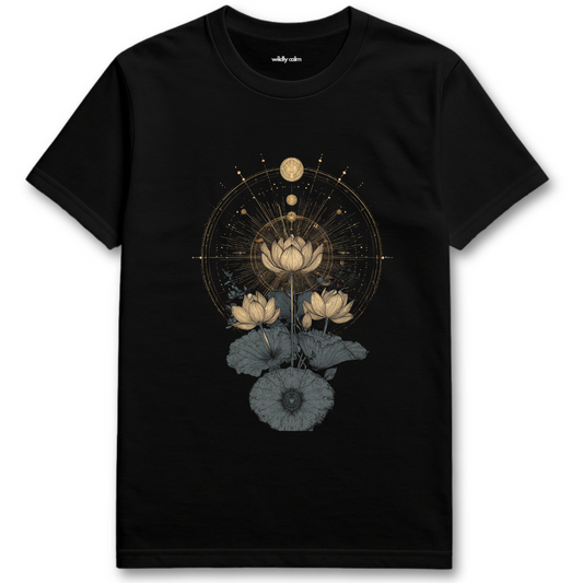 Black Pure Lotus Essence t-shirt with floral design for Yoga - Wildly Calm