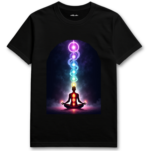 Chakra Flow Black yoga t-shirt with a colorful chakra design -wildly calm