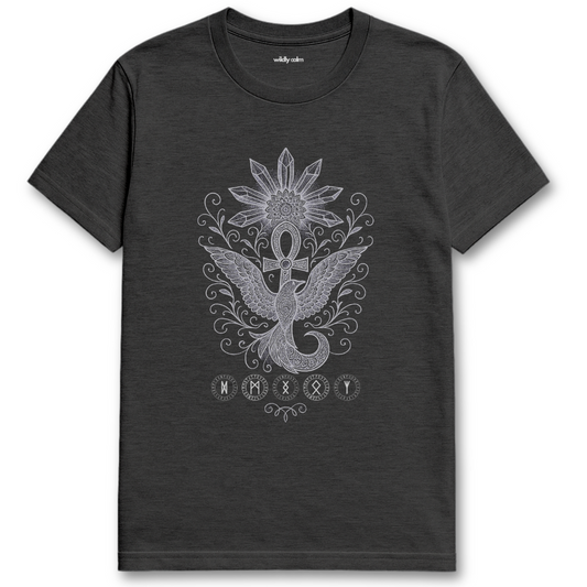 Hethaer Dark grey Star-Crystal_Sigil t-shirt with a white symbol design for Yoga  - Wildly Calm