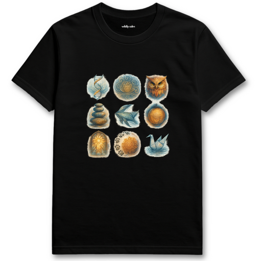 Black Mystic Elements t-shirt with nature-themed graphic design on a white background for Yoga - Wildly Calm