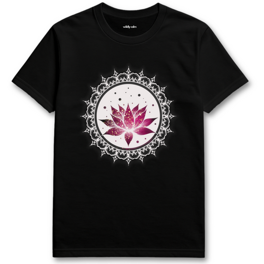 Black Awakening Lotus t-shirt with a pink lotus flower White Mandala  design for oga - Widlly Calm
