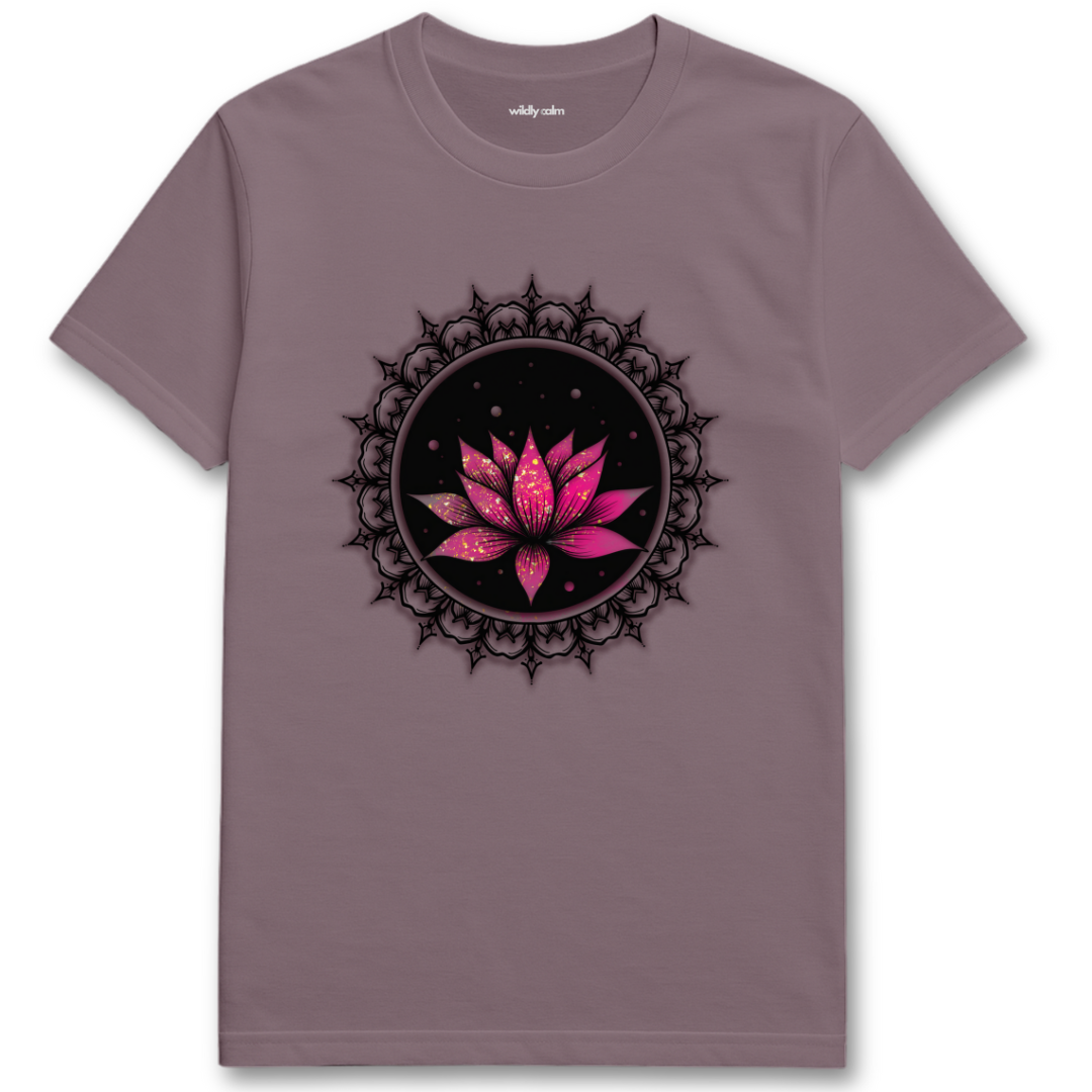 Paragon/pink Awakening Lotus t-shirt with a pink lotus flower White Mandala  design for oga - Widlly Calm