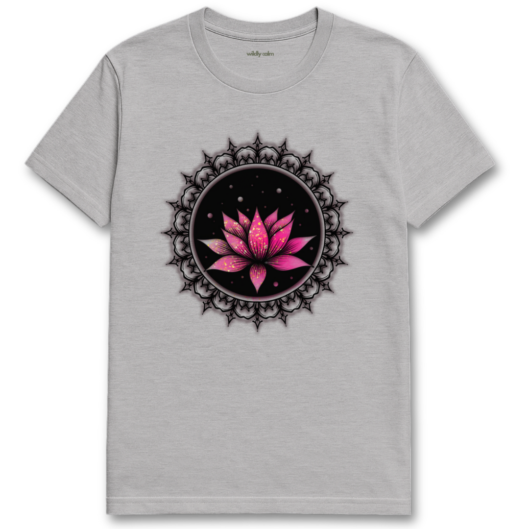 Sports Grey Awakening Lotus t-shirt with a pink lotus flower White Mandala  design for oga - Widlly Calm