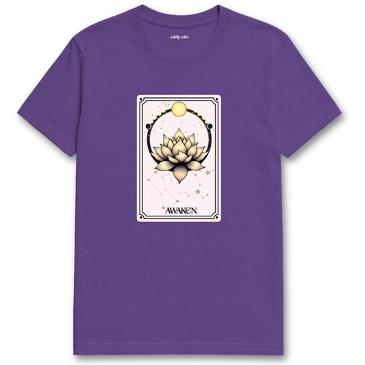 Celestial Lotus Heather Purple t-shirt with a tarot card-style design featuring a lotus flower and 'Awaken' text for Yoga - Wildly Calm