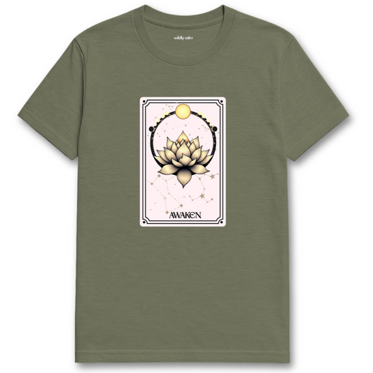 Celestial Lotus Heather Military Green t-shirt with a tarot card-style design featuring a lotus flower and 'Awaken' text for Yoga - Wildly Calm