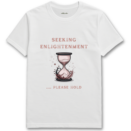 Enlightenment white yoga t-shirt with an hourglass graphic and text - wildly calm
