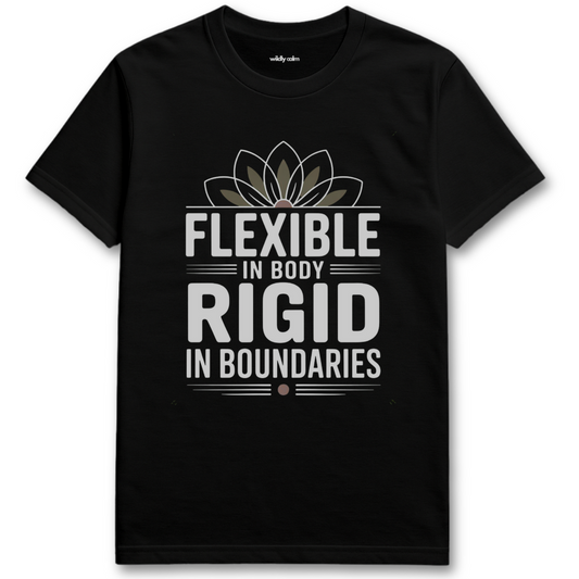 Flexible In Body Black yoga t-shirt with white text and a flower design wildly calm